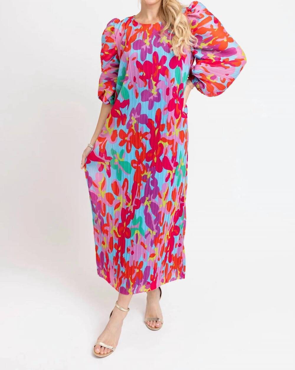 NEW KARLIE big floral pleat dress in red multi